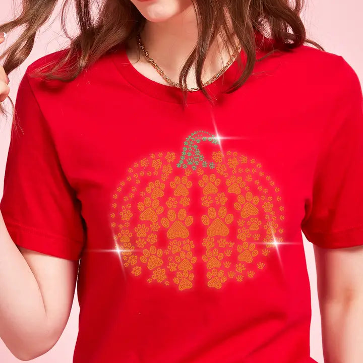 Paw Pumpkin Rhinestone Halloween T-Shirt